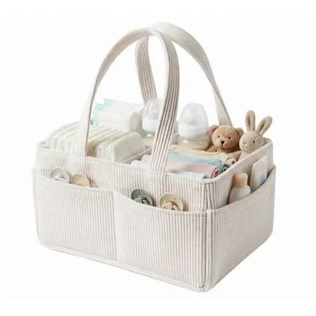 Baby Nappy Caddy Organizer | Portable Corduroy Diaper Storage Basket with Handle & Dividers | Nursery & Travel Organizer for Diapers, Wipes & Baby