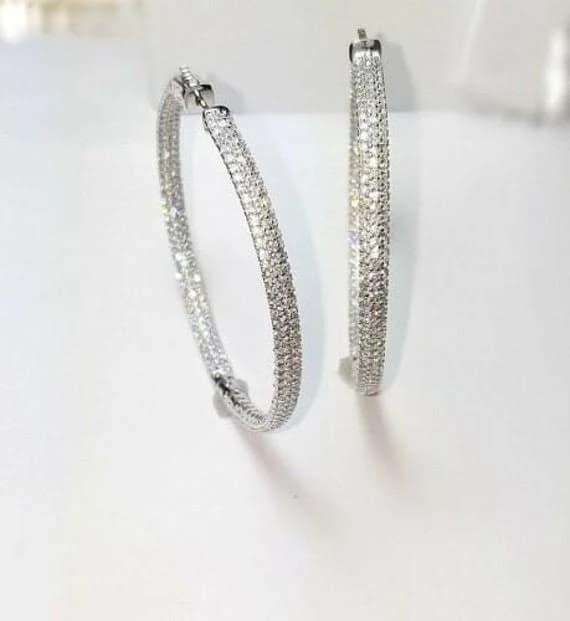 Hoop Earring- 2.5 Pave Set Signity CZ InsideOutside Hoop Rhodium Silver Earrings Cubic Zirconia- Trendy, Modern, Artdeco