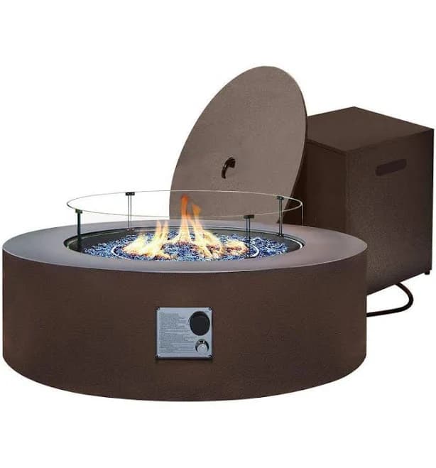 UPHA 42 in. Round Iron Propane Fire Pit Table with Tank Cover and Wind Guard