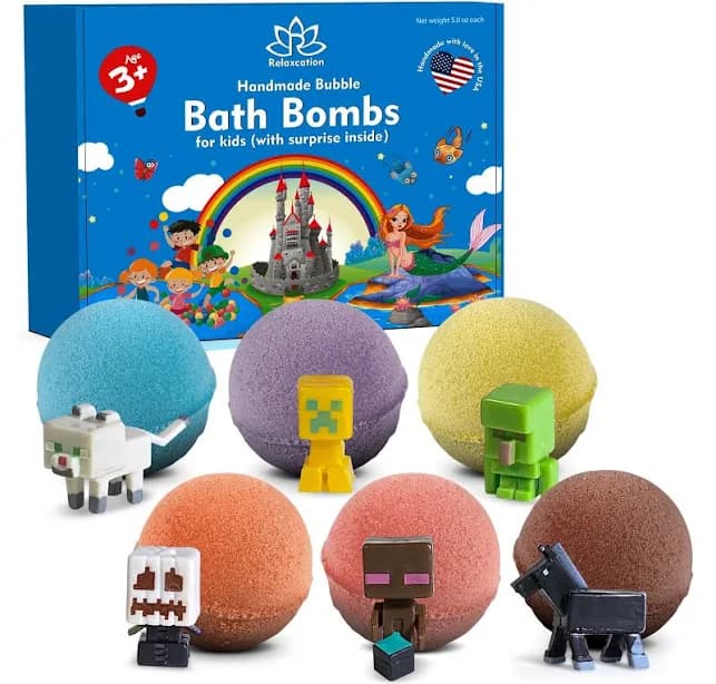6 Kids Bath Bombs with Surprise MINE CRAFTERS Toys Inside, Fun Bath Time Gift Set For Kids