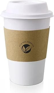 [50 pack] 16 oz Compostable Coffee Cups with Lids and Kraft Sleeves, Eco Friendly Disposable White Paper Cups Combo for Hot Beverage