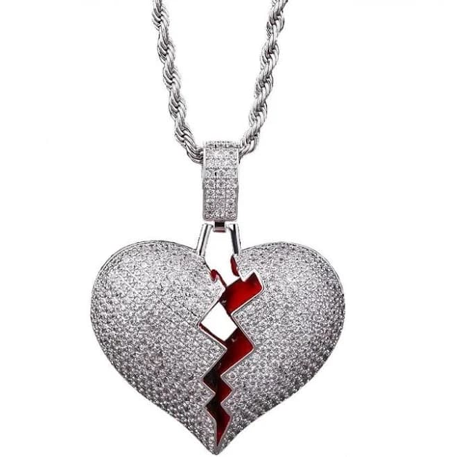 Iced Broken Heart Solid Back Pendant 14K Gold