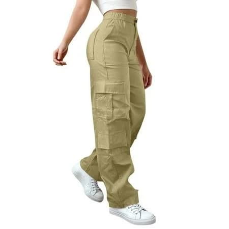 High Waisted Cargo Pants for Women Stretch Cotton Twill Sweatpants Multi-Pockets Wide Leg Parachute Trousers