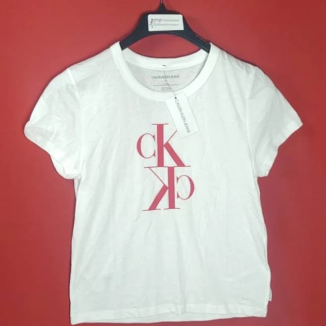 Calvin Klein Jeans Tops | Calvin Klein Jeans White Short Sleeve Top With Red Ck Logo | Color: Red/White | Size: L | Blankhanger's Closet