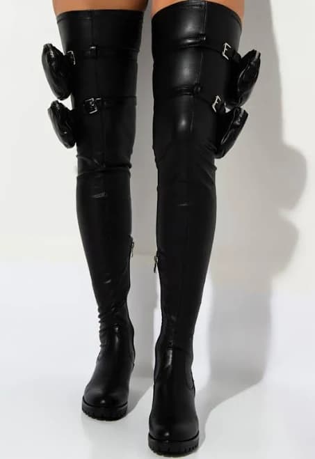 Faux Leather Thigh High Flat Boots with Pouch Detail