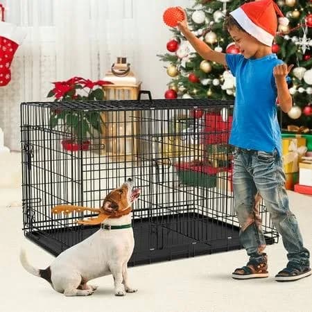 30 inch Dog Crate for Medium Small Dogs with Folding Portable Metal Dog Cage Kennel, Double Door