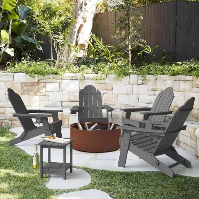 Folding Adirondack Chair Set of 2, Dark Gray HDPS Outdoor Fire Pit Patio Chairs Weather Resistant, Modern Plastic Chairs with Cup Holder for Proch Garden Deck