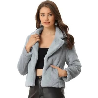 Women's allegra k Autumn Winter Cropped Jacket Notch Lapel Faux Fur Fluffy Coat
