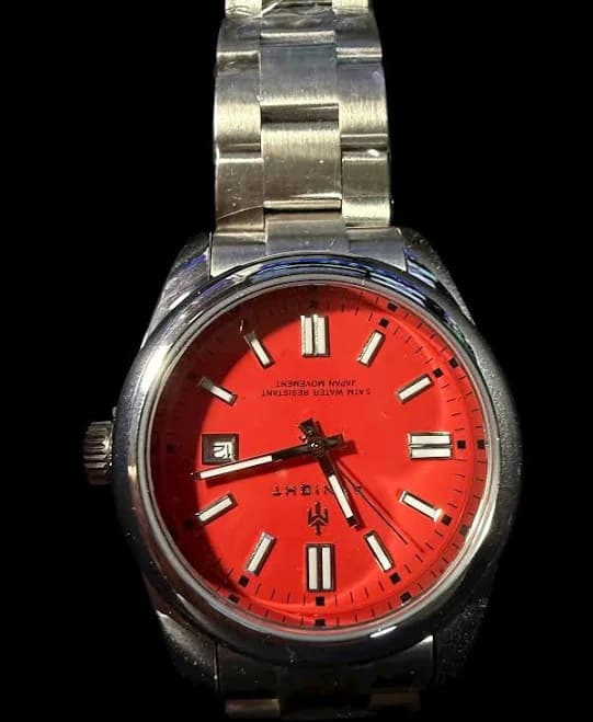 Aknight Men's Red Dial Watch Stainless Steel Bracelet Japan Movement