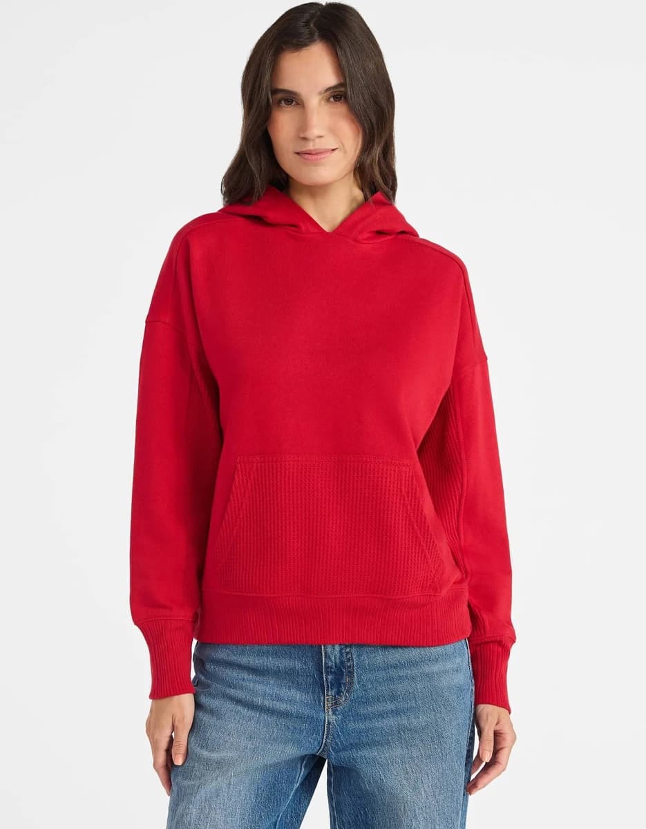 Time and Tru Women's Waffle Pocket Mixed Media Hoodie