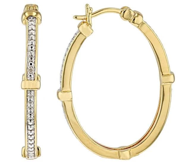 14K Yellow Gold Over Brass Hoop Earrings with White Diamond
