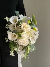 Cascading Bridal Bouquet,Lily of the valley Bouquet, calla lily bouquet,lily eucalyptus bridal bouquet,Faux bridal bouquet,white boutonnière