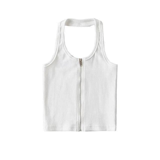 Reknovine Halter Zip-Up Open Back Ribbed Crop Top