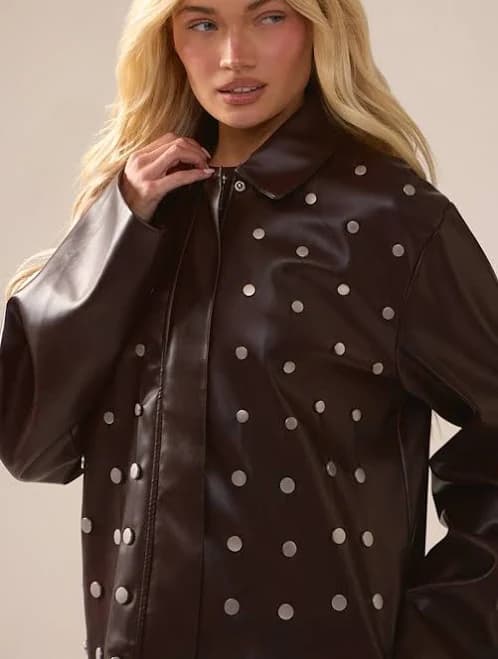 PrettyLittleThing Women's Studded Covered Placket Faux Leather Jacket
