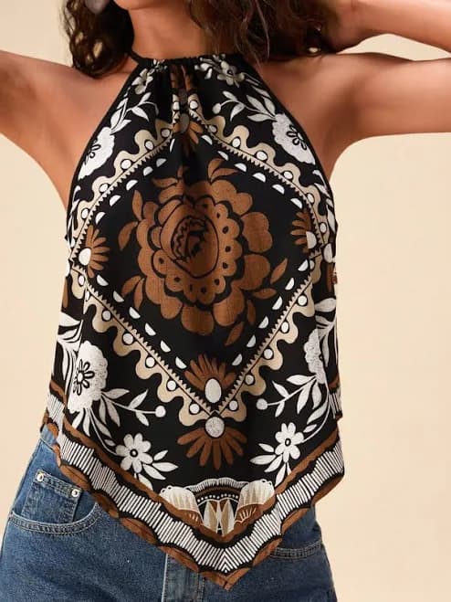 Travachic Multicolor Halter Top Women's Crop Tank Camisole Sequin Peplum Corset Graphic Floral Boho Loose Fit Asymmetrical Hem Woven Fabric,S