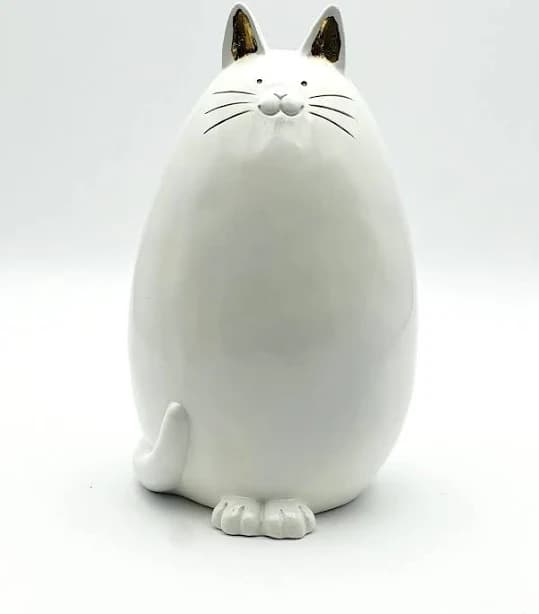 White 11" Tall Standing Cat Features Gold Ears, Eyes + Whiskers + A