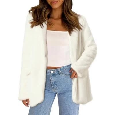 Inspire Chic Women's Fluffy Faux Fur Open Front Notch Lapel Long Sleeve Coat