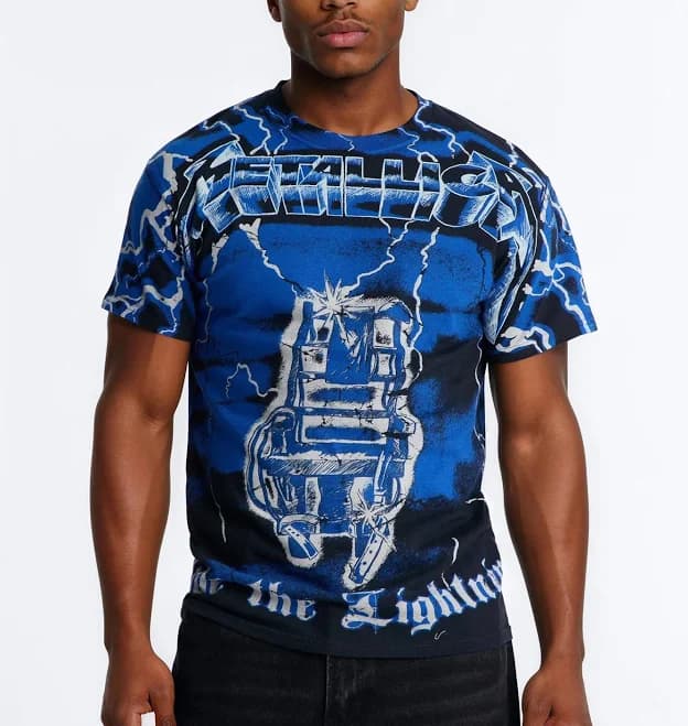 Fashion Nova Men's Metallica Ride The Lightning All Over Print Short Sleeve Tee Shirt