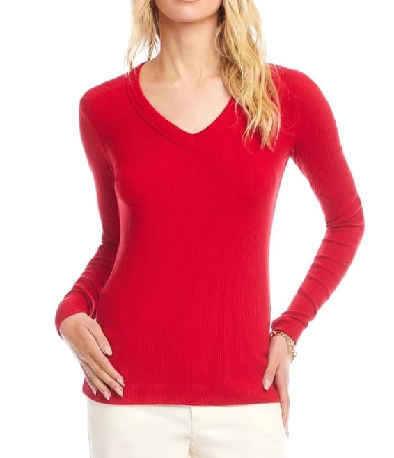 Karen Kane Women's Ribbed V-Neck Long Sleeve Top