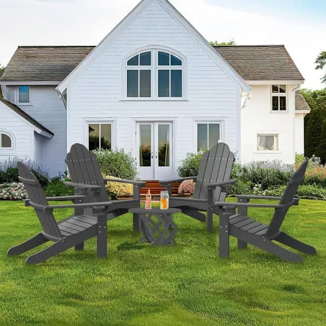 Folding Adirondack Chair Set of 4, Dark Gray HDPS Fire Pit Patio Chairs Weather Resistant, Modern Plastic Outdoor Chairs with Cup Holder