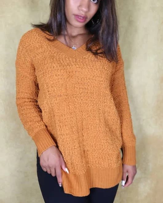 V-Neck Popcorn Cable Tunic Sweater