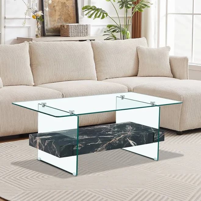 Retro Chic Rectangular Glass Coffee Table with Wooden Bottom Shelf