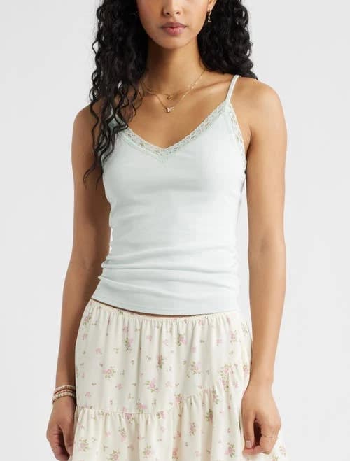BP. Lace Trim V-Neck Camisole in Green Cloud at Nordstrom, Size Large