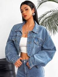 SHEIN EZwear Women's Casual Drop Shoulder Long Sleeve Cropped Denim Jacket | SHEIN