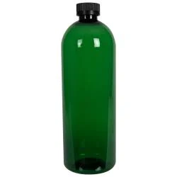 32 oz. Dark Green PET Cosmo Round Bottle with 28/400 Black Ribbed CRC