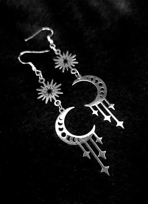Stainless Steel Moon Phase Star Dangle Earrings