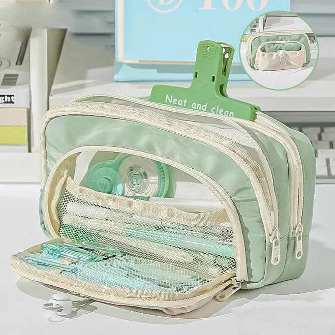 Large Pastel Triple Zippered Pencil Case, Green