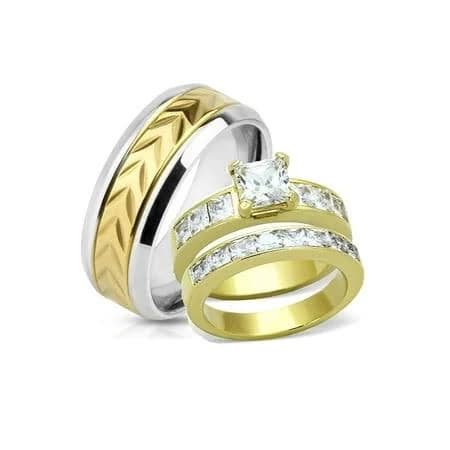 Yellow Gold Plated Stainless Steel CZ Wedding Ring Set