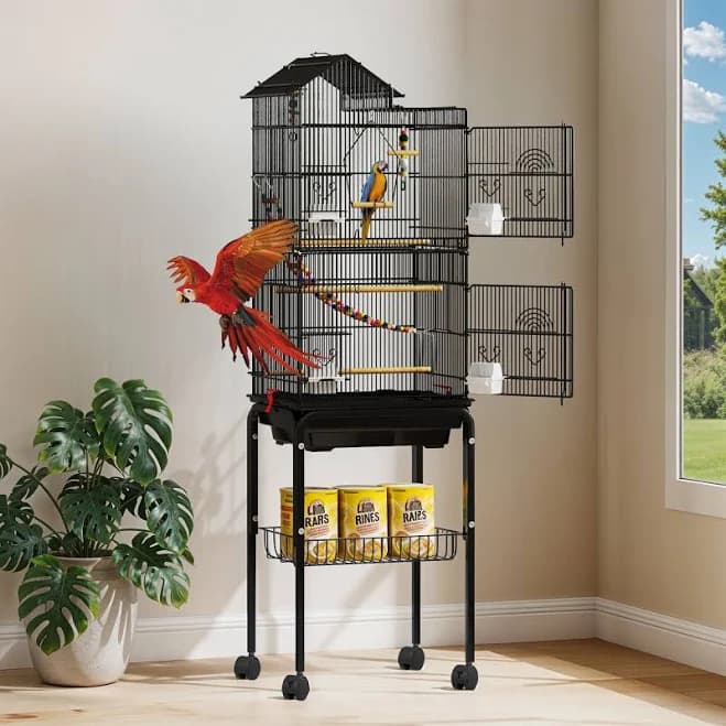 Uforic 62" Metal Birdcage with Rolling Stand, Castor Wheels, Large Parrot Cage