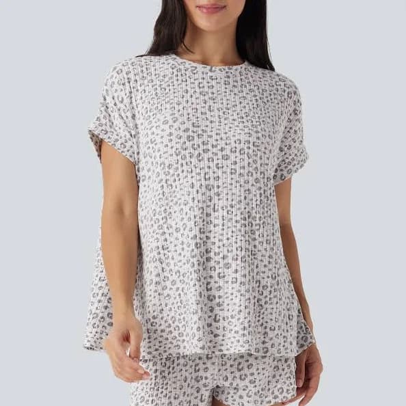 Halara Round Neck Short Sleeve Leopard Print Lounge Top
