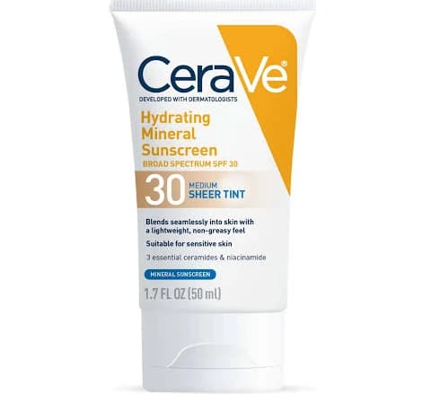 CeraVe Hydrating Mineral Sunscreen Broad Spectrum SPF30 Sheer Tint For Face Medium 1.7oz/50ml Tinted Mineral Sunscreen With Zinc Oxide & Titanium