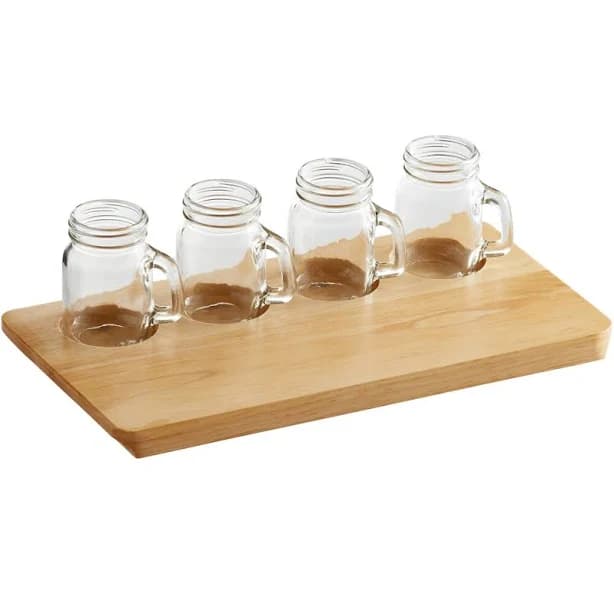 Acopa Natural Flight Tray with Mini Drinking Jar Tasting Glasses - 3/Set