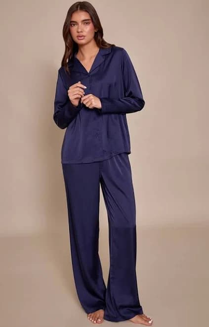 Women's Navy Satin Long Sleeve Button Down Shirt Pajama Set