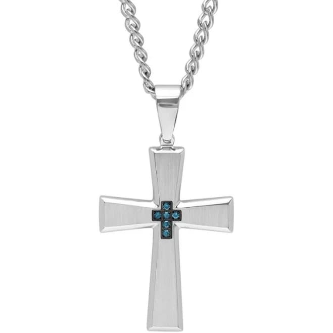 Robert Alton Men's Stainless Steel Blue Diamond Cross Pendant Necklace
