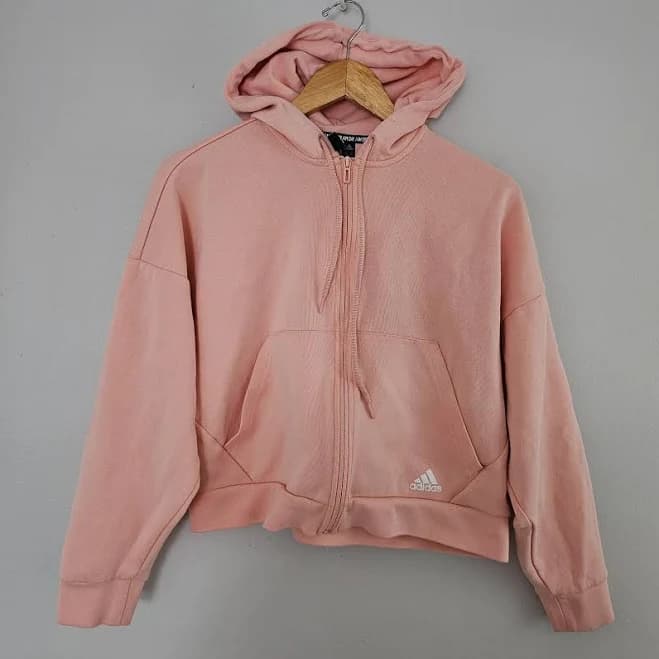 Adidas Full Zip Hoodie Sweatshirt Boxy Fit Peach Orange 3 Stripes Logo