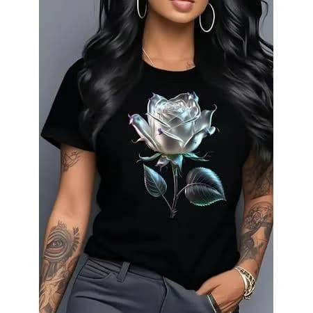 Women's Casual Short Sleeve Round Neck T-Shirt - Black with White Rose Floral Print, Breathable Regular Fit H-Silhouette Top for Spring Summer Casual