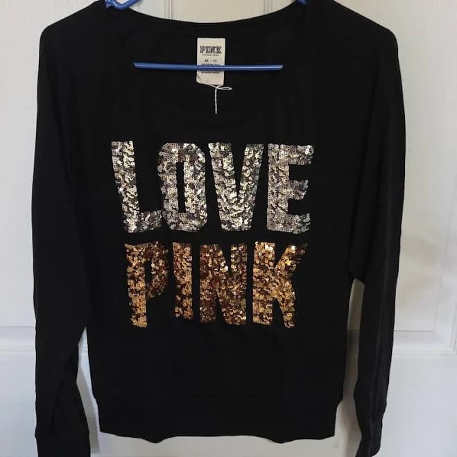Pink Victoria's Secret Tops | Long Sleeve Pink Shirt With Sparkly Words On Front | Color: Black | Size: Xs | Jdchik2's Closet