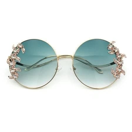Men's Round Circle Rhinestone Floral Trim Wavy Arm Sunglasses