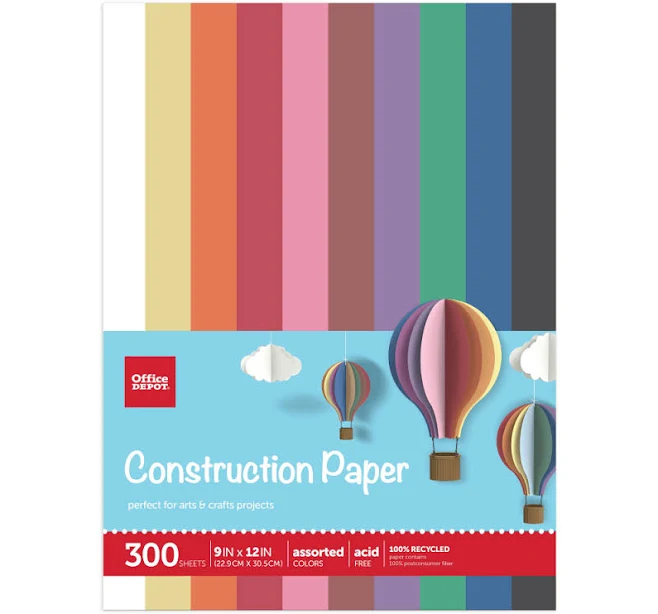 Office Depot Construction Paper 9" x 12" 100% Recycled Assorted Colors (Pack of 300