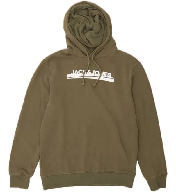 JACK & JONES Mens Graphic Hoodie Jumper Medium Khaki Cotton