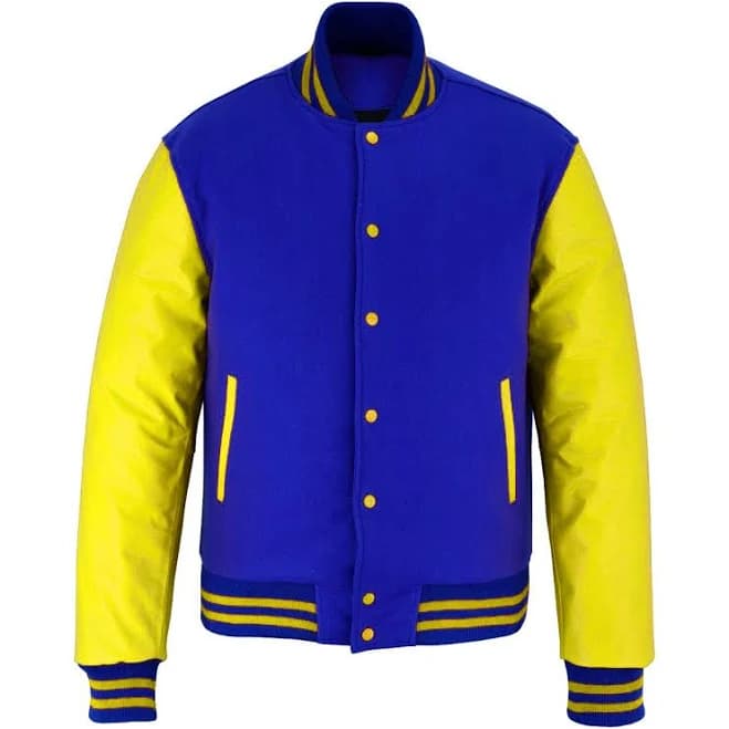 Classic Varsity Letterman Jacket Royal blue Wool with Yellow Sleeves