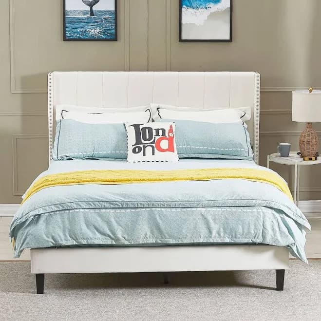 Velvet Upholstered Bed Frame with Vertical Channel Tufted Headboard and Modern Decorative Nailheads
