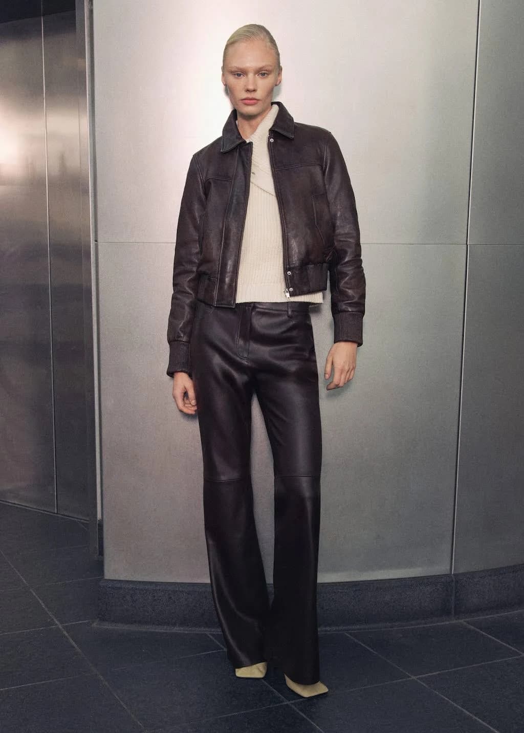 MANGO Women's Leather Bomber Jacket