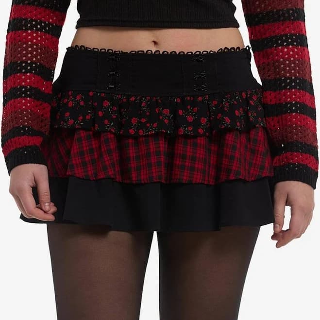 Social Collision Roses & Plaid Tiered Mini Skirt