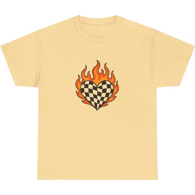 Unisex Adult T Shirt Checkered Racing Flames Heart Retro