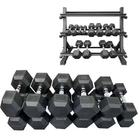 220 lbs Rubber Hex Dumbbell Set with Rack (5-50 lbs) - Home Gym Fitness, Space Saving Strength Training Equipment for Men Women - Build Muscle, Get